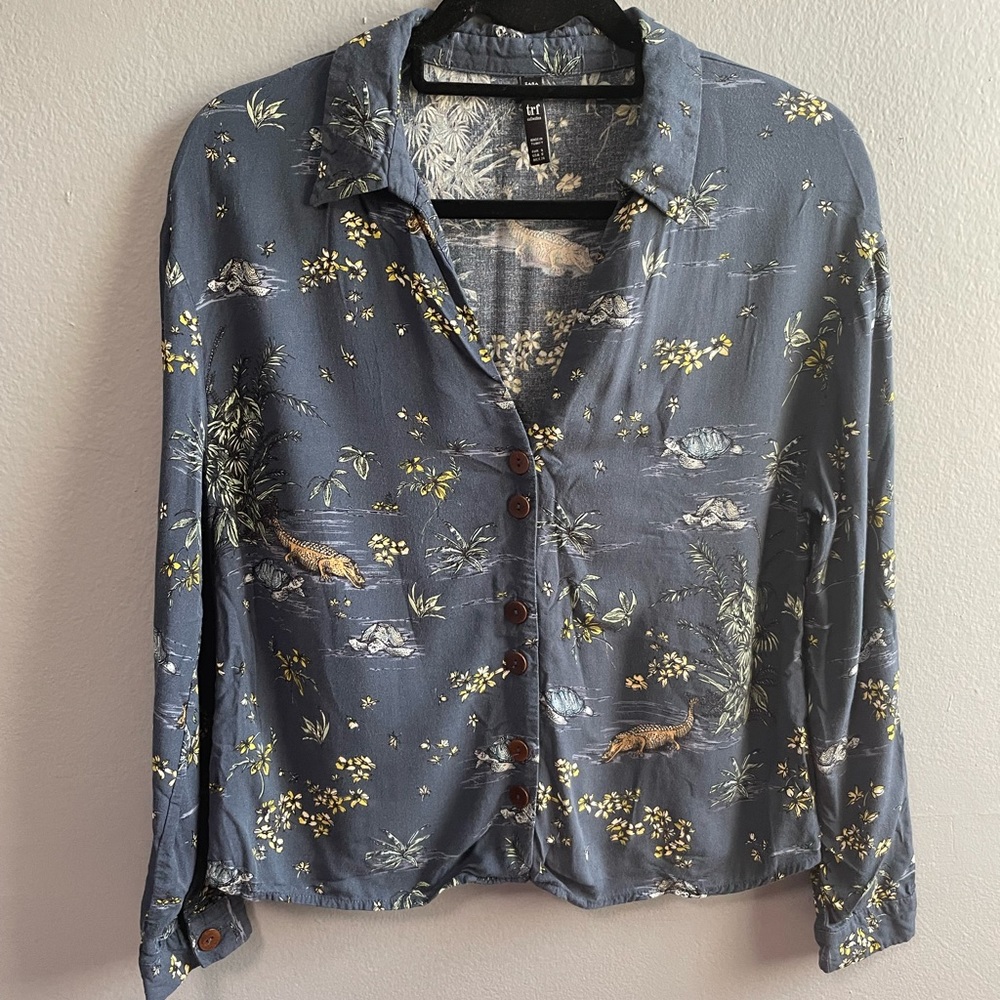 Zara Blue Floral Print Button-Up Blouse